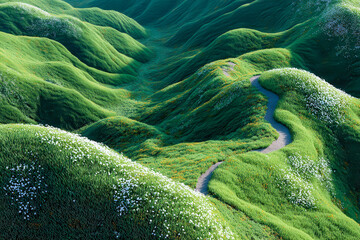 Winding path through lush green hills adorned with delicate flowers on a bright sunny day