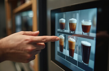 Hand selects coffee on modern vending machine touchscreen. Variety of coffee drinks, espresso, cappuccino, latte. Cafes tech, digital menu, self-service ordering.