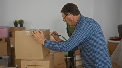 Man labeling boxes in new home living room surrounded by plants and furniture in preparation for...
