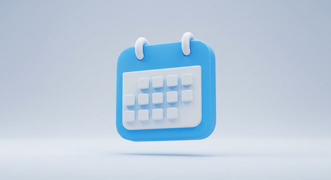 A minimalistic illustration of a blue calendar with white details on a light background surface