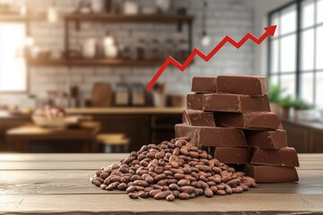 Chocolate price increasing, cocoa beans and chocolate bars with upward trend arrow, copy space