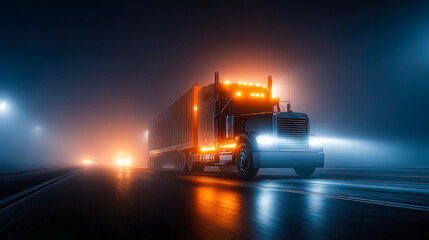 Heavy-duty truck navigating a foggy highway at night with glowing lights illuminating the road ahead