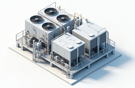 Isometric illustration of industrial air conditioner condensing unit. VRF units for commercial factory use. HVAC tech. Modern, isolated on white background. Cooling system, compressor, maintenance,
