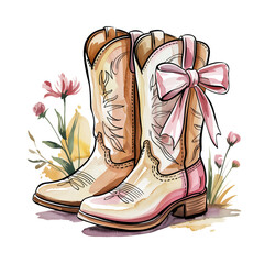 Two cowboy boots adorned with intricate designs are decorated with a pink bow, set against a backdrop of delicate flowers
