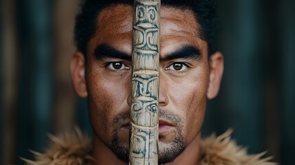 Polynesian warrior holding carved ceremonial staff with symmetrical tribal face paint, fierce gaze, cultural heritage portrait with focus on tradition and ancestral symbolism

