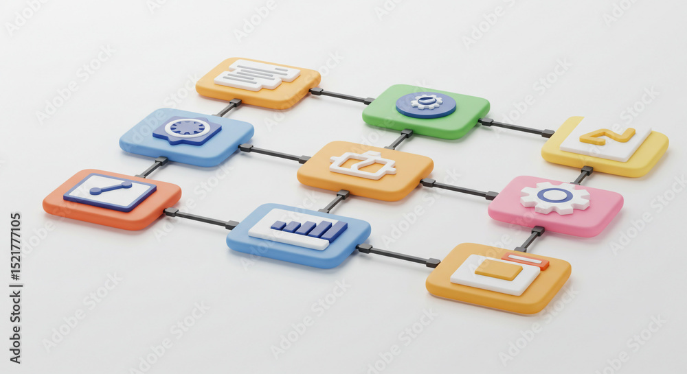 Poster a network diagram with colorful square nodes connected by lines on a white background showcasing dat