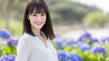 アジサイを背景に笑顔の女性