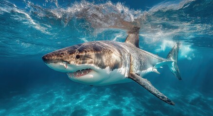 Fototapeta premium Great White Shark Swimming Underwater in Turquoise Ocean, Symbolizing Marine Conservation and Wildlife Protection, Promoting Ecotourism and Ocean Exploration : Generative AI
