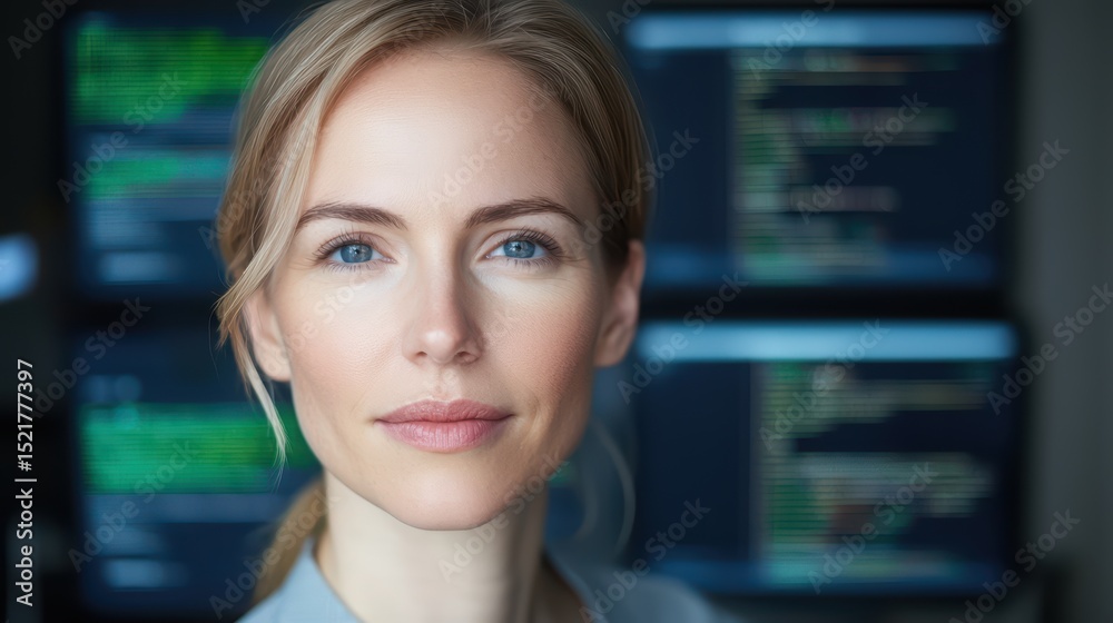 Poster confident female developer with computer screens in background displaying code in modern workspace s