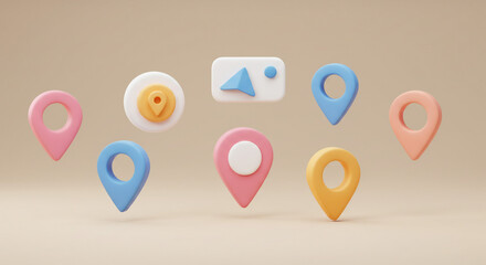 A collection of colorful location pin icons and a navigation icon arranged on a beige background plane