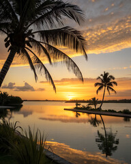 A serene sunset over a calm lake, with palm trees silhouetted against the colorful sky. Reflections of the trees and clouds are visible in the water.