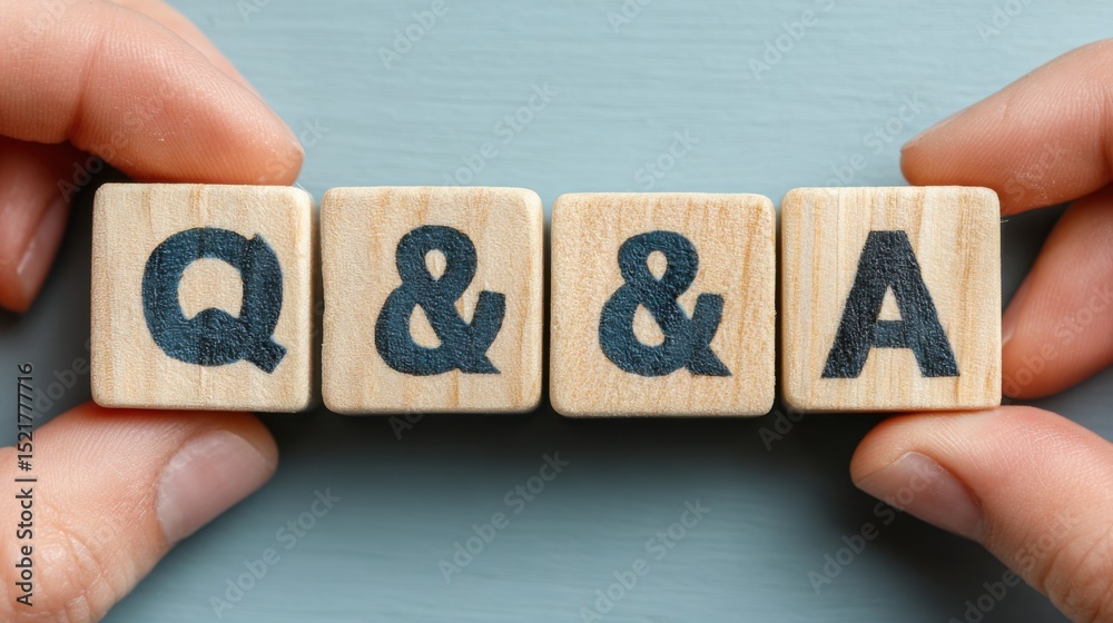 Aufkleber q&a wooden blocks held by fingers, representing knowledge sharing and customer support, ideal for bu