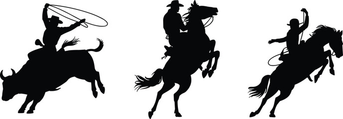 Silhouette Illustrations of Cowboy Rodeo Scenes: Bull Riding, Horseback Riding, and Lasso Action