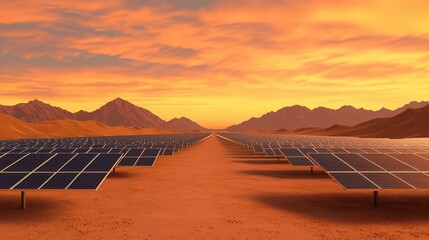 Vast Solar Panel Installation under Majestic Sunset in Desert Landscape Perfect for Renewable Energy Imagery