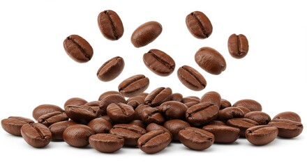 Naklejka premium Scattered Coffee Beans on White Background for Beverage Ads