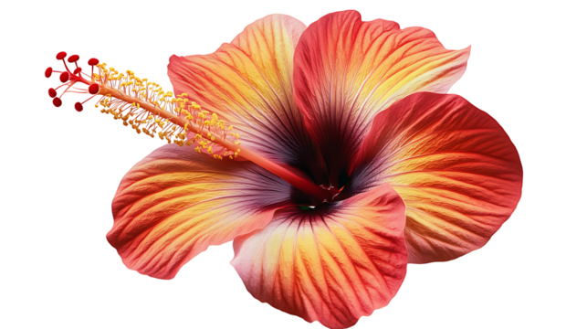 Detailed peach and red hibiscus flower with lush petals isolated on transparent background suitable for print, digital, and marketing use