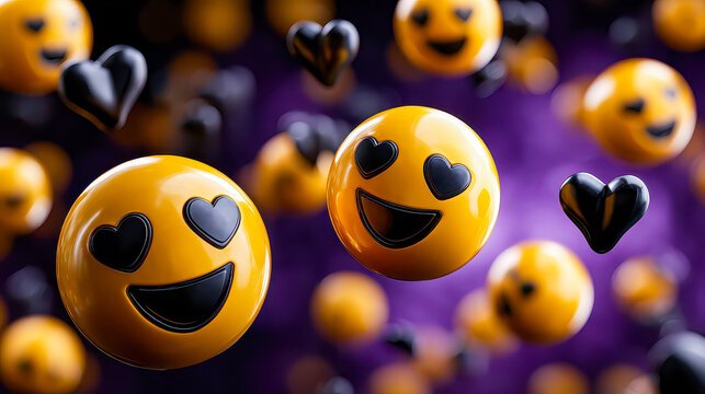 Colorful emojis dance joyfully in a digital cosmos filled with vibrant heart shapes on a lively purple background