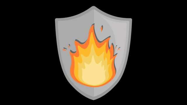 video animation icon of a flame moving and shield object, in the fire insurance concept, on a transparent background with alpha channel at zero