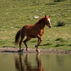 Obraz premium Brown Horse Running Through Water on Sunny Day