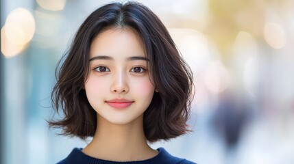 Obraz premium Young woman with stylish haircut posing confidently in a city street during daytime with blurred background