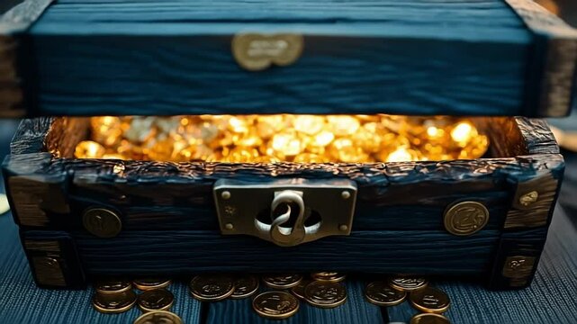 Large number of gold coins are scattered inside a wooden box. The coins are shining brightly, creating a sense of wealth and abundance. financial planning concept