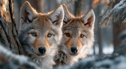 Fototapeta premium Two Coyotes Staring Intently in Snowy Woods, Embodying Wildlife Conservation and Animal Protection Awareness : Generative AI