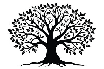 Intricate Silhouette of a Tree with Leaves, Branches, and Roots Structure