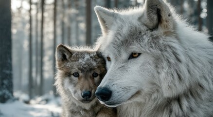 Fototapeta premium Close-Up of Arctic Wolf and Cub in Snowy Forest, Representing Family Values and Wildlife Conservation Efforts : Generative AI