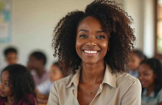 Joyful African American teacher smiles in classroom, happy. Positive educator celebrates World Teachers Day with students. Inspiring, motivational woman mentor, role model for school children.