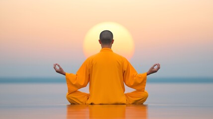 Shaolin monk meditating in lotus pose with hands in mudra at sunrise, calm sea background, peaceful balance and spiritual practice, traditional robe, minimalistic scene