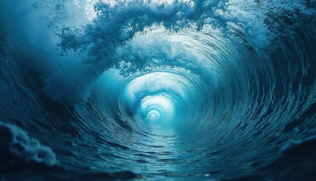 Stunning blue sea wave spiraling into circular water tornado formation. Artistic ocean vortex. Water tunnel structure with spiraling motion. Abstract natural background, travel, water sport, surf.