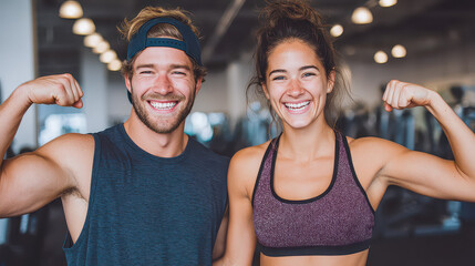 Friends celebrating fitness achievements in a vibrant gym environment during a sunny afternoon workout session