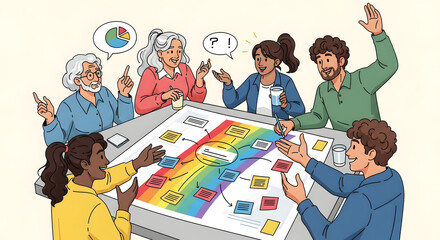 Vibrant vector illustration. Diverse team (different ages, ethnicities) gesturing energetically near a mind map made of rainbow sticky notes.
