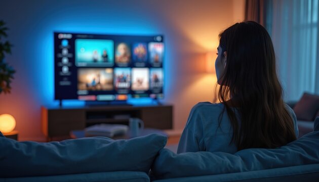 Woman watches streaming content on smart TV at home. Cozy living room, dim blue light, colorful screen interface, remote control. OTT, VOD, entertainment.