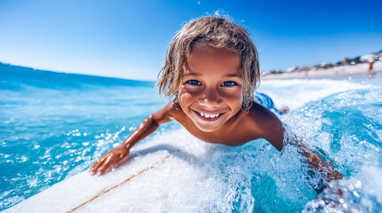 Joyful boy riding a surfboard in bright blue ocean waves during a sunny day at the beach