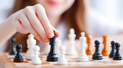 Young strategist engages in a thoughtful chess match while pondering her next move against a backdrop of soft natural light
