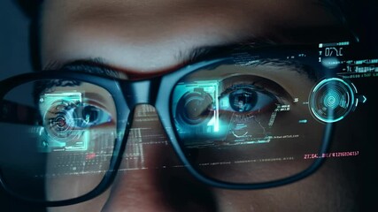 Close-up of a male programmer's eyes with eyeglasses in front of computer monitor. The intense gaze of the male programmer highlights his concentration as he works on complex algorithms. - Powered by Adobe
