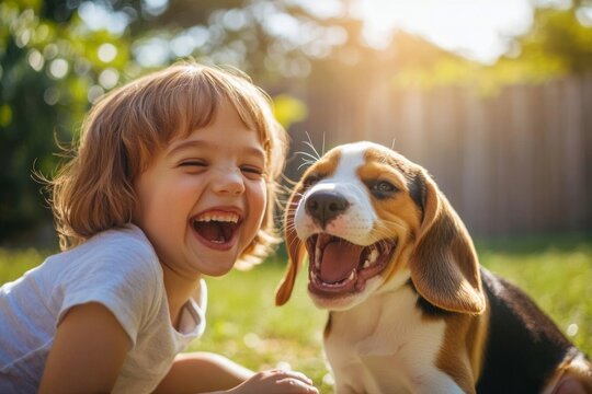 Joyful laughter fills the warm afternoon air as a child engages with a playful beagle puppy in a sunny backyard, capturing a moment of pure happiness and companionship