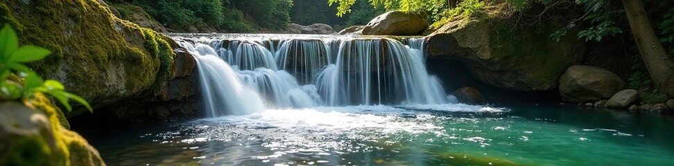 Fototapeta premium Serene summer waterfall cascading over mossy rocks, sunlight dappling the water Perfect for travel, nature, and relaxation themes , serenity, forest, mist