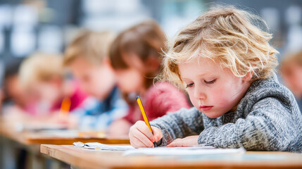 Young child focused on drawing in a lively classroom environment filled with classmates engaging in creative activities