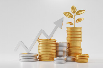 Financial Growth Concept with Gold Coins Stacks and Upward Arrow