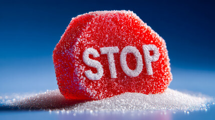 Sweet reminder of moderation showcased through a vibrant candy stop sign on a sprinkle of sugar