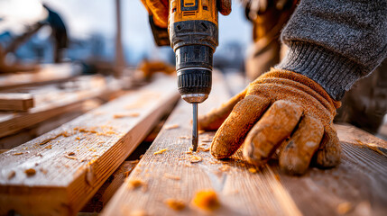 Crafting wooden structures with precision and skill during a golden hour construction project in a serene outdoor setting