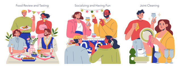 Fototapeta premium Socializing, Tasting, and Cleaning in Vector Illustrations