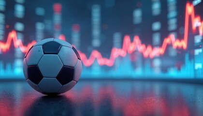 Soccer ball against financial charts, sports betting, finance. Concept connects football, stock market, trading, investment. Digital illustration showing trends in sport wagering, online gambling