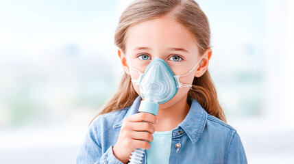 Young girl wears breathing mask, showing resilience in a challenging environment during bright daylight