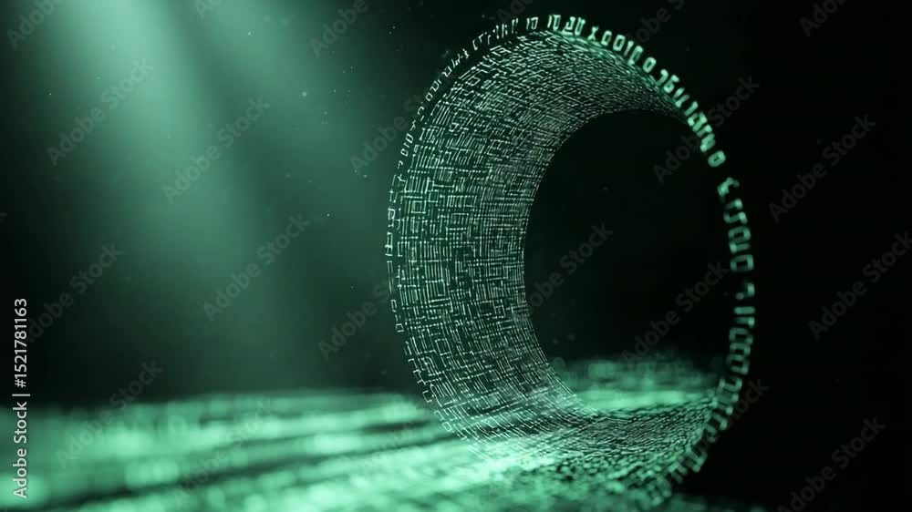 Poster illuminated tunnel, green hues: abstract design features a glowing tunnel bathed in green light with