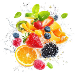 Fresh fruit mix splashing in water with vibrant colors and freshness