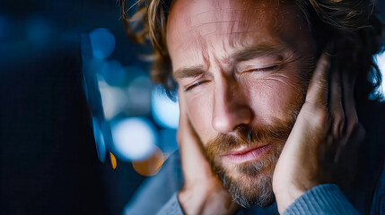 Frustration and focus combine as a man struggles with noise while working late at a computer
