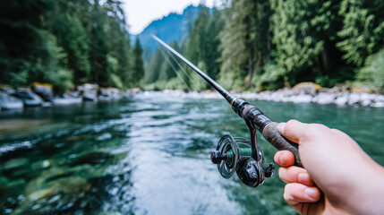 Fishing in a serene river surrounded by lush greenery and mountains during a tranquil summer afternoon